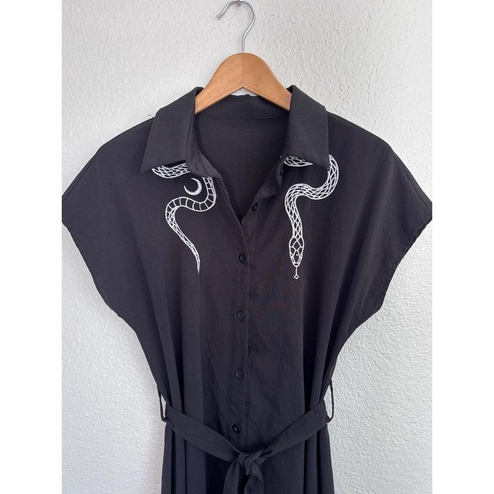 Gothic Snake Embroidered Button Front Belted Midi Shirt Dress L Black Whimsigoth - Picture 8 of 12